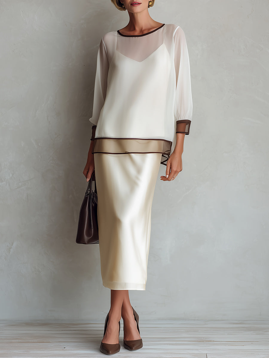 Elegant Color-block Chiffon Blouse & Satin Camisole Midi Skirt Set