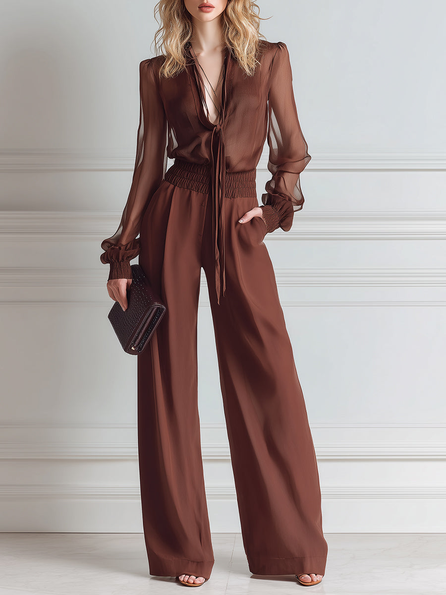French-style Tie-neck Chiffon Blouse & Smocked-waist Wide-leg Pants Set