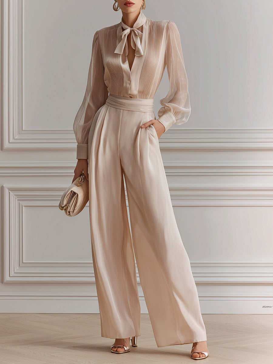 Elegant Lantern-sleeve Blouse & High-waisted Wide-leg Pants Set