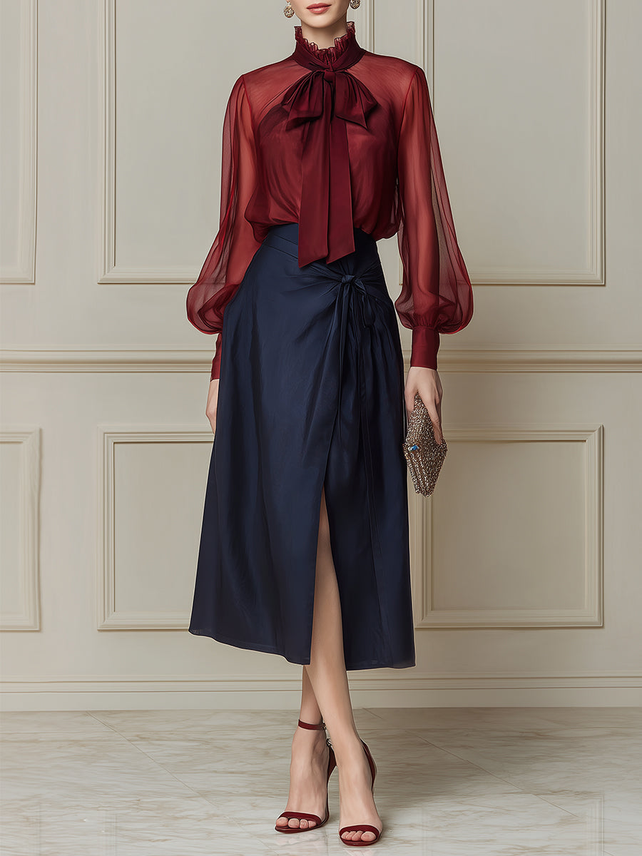 French Tie-neck Chiffon Blouse & Side Slit Tencel Midi Skirt Set