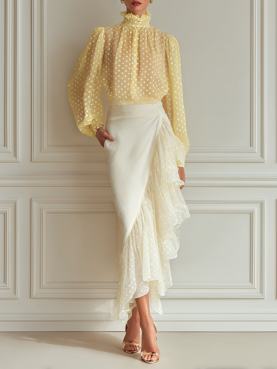 French-style Polka-dot Mock-neck Chiffon Blouse & Ruffle-trim Skirt Set