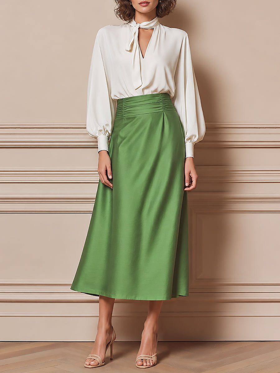 Elegant Tie-Neck Blouse & Smocked-Waist Tencel A-Line Skirt Set