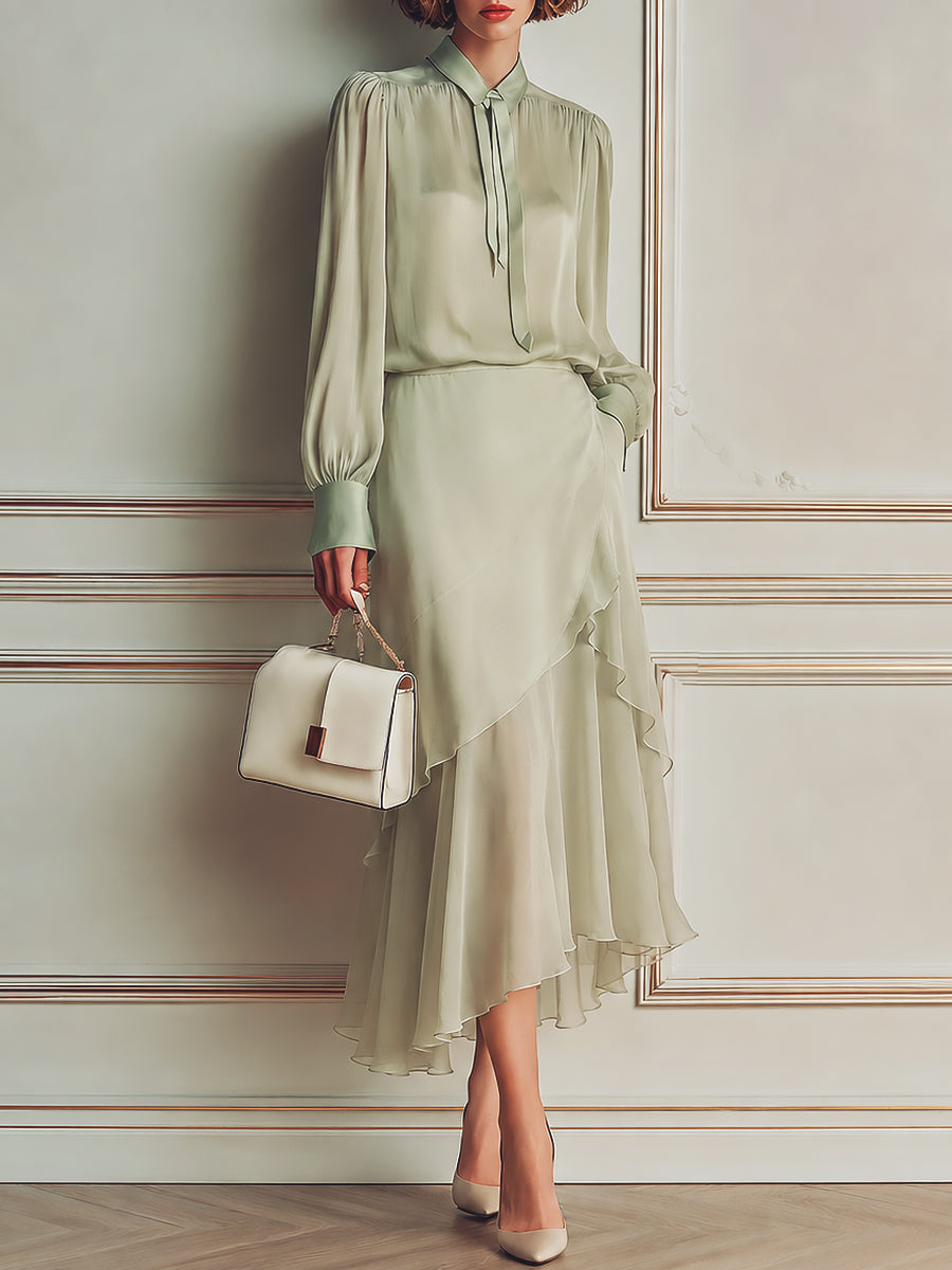 French-style Tencel Tie-neck Blouse & Ruffled-hem Chiffon Skirt Set