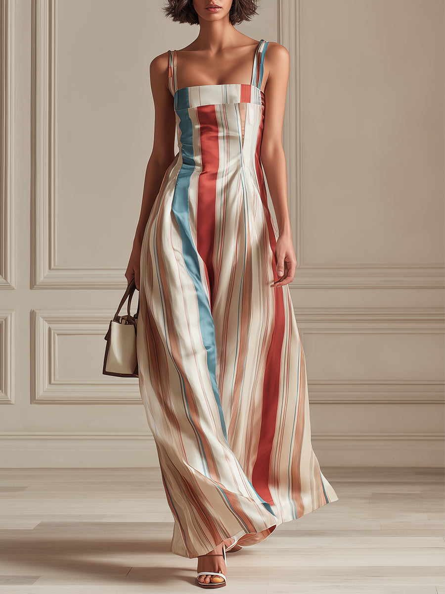 Elegant Color-block Striped Satin Sleeveless Fitted-waist Maxi Dress