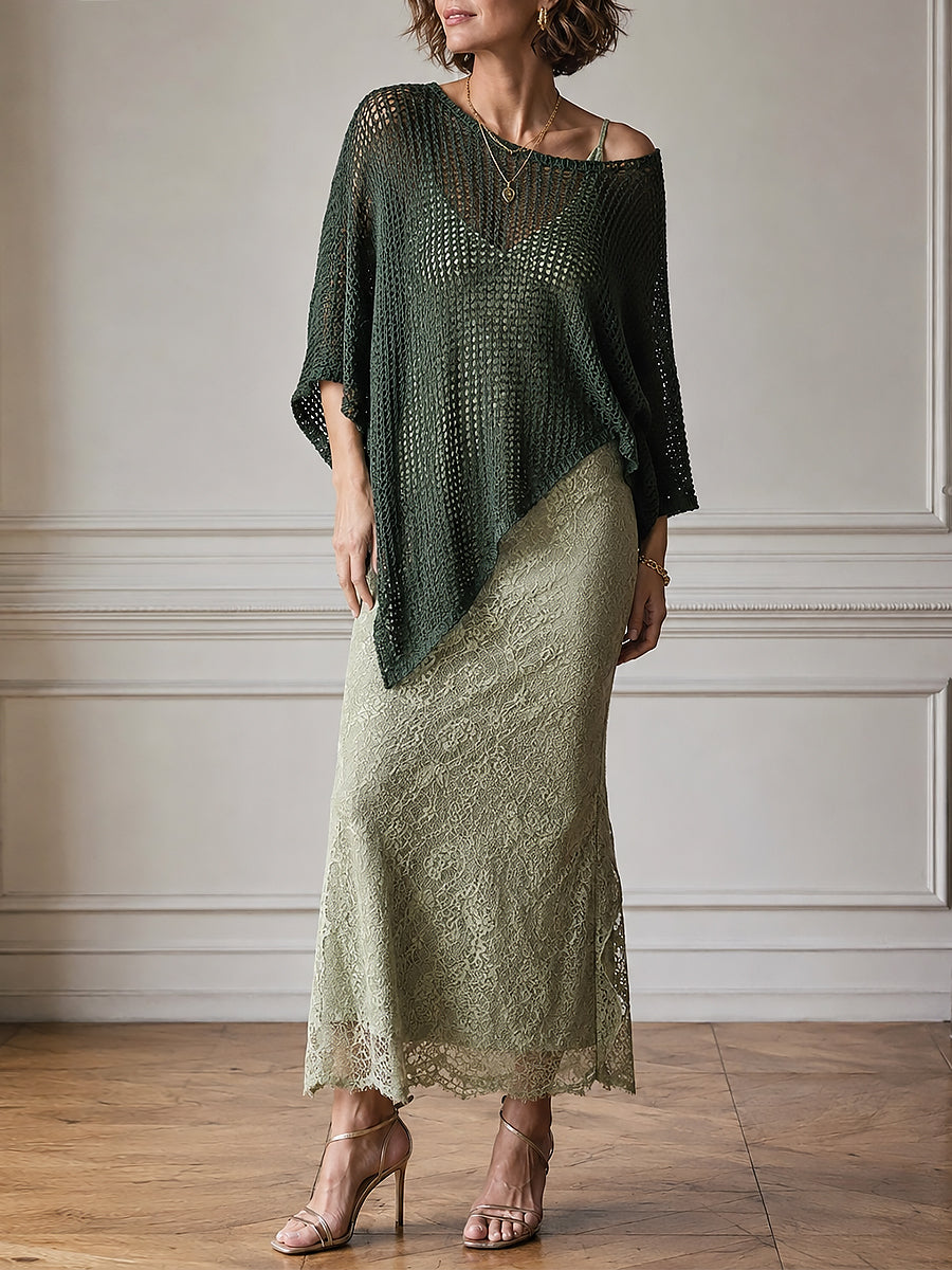 Elegant Asymmetric Hem Knit Pullover & Lace Camisole Maxi Dress Set