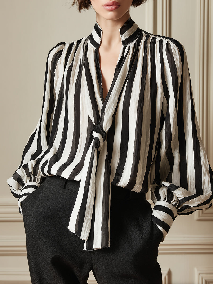 Minimalist Striped Lantern-sleeve Blouse With Tie-neck Detail