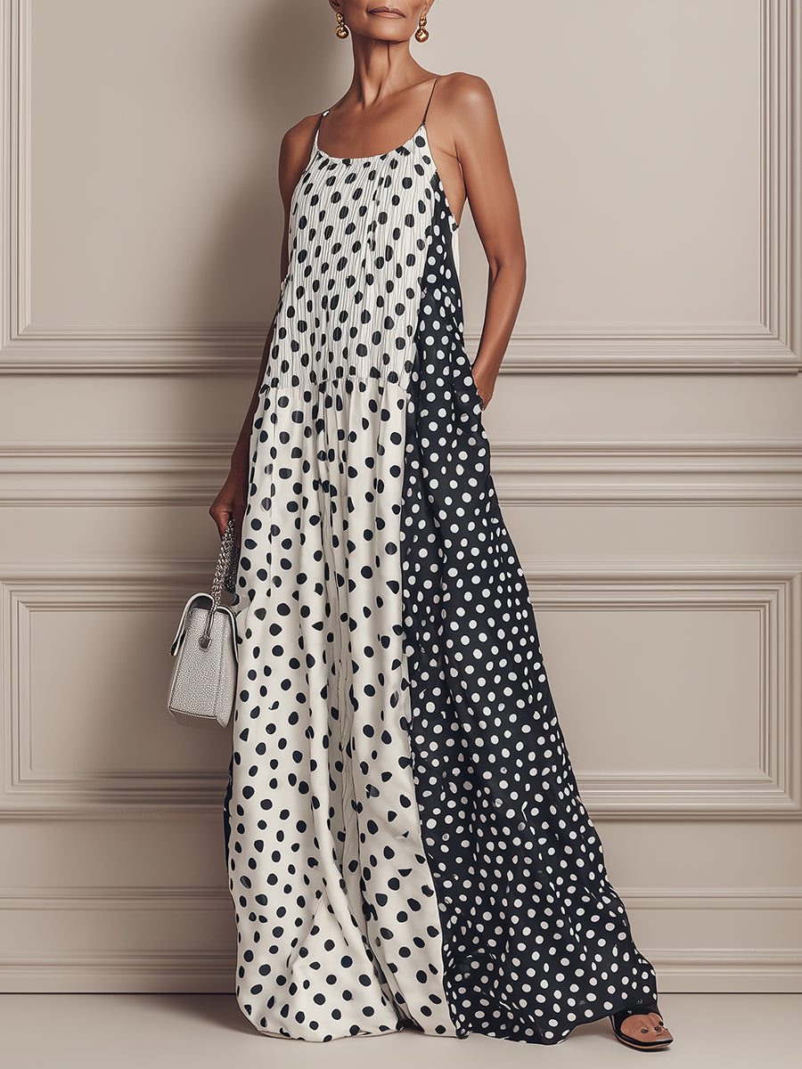 Chic Color-block Polka-dot Print Camisole A-line Maxi Dress