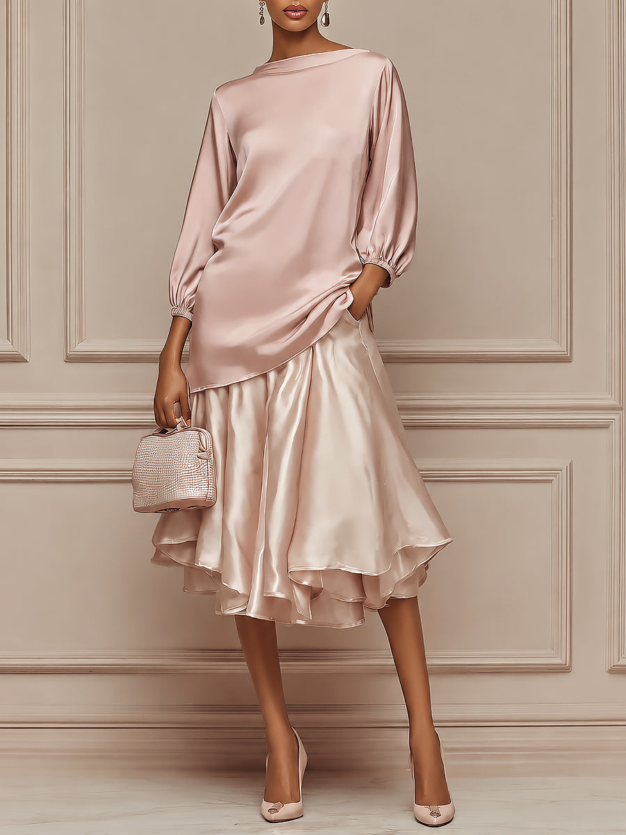 Elegant Boat-Neck Satin Blouse & Ruffled-Hem Skirt Set