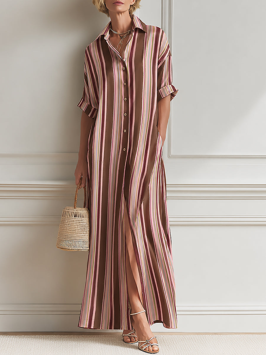 Elegant Striped Single-breasted Straight-cut Maxi Dress