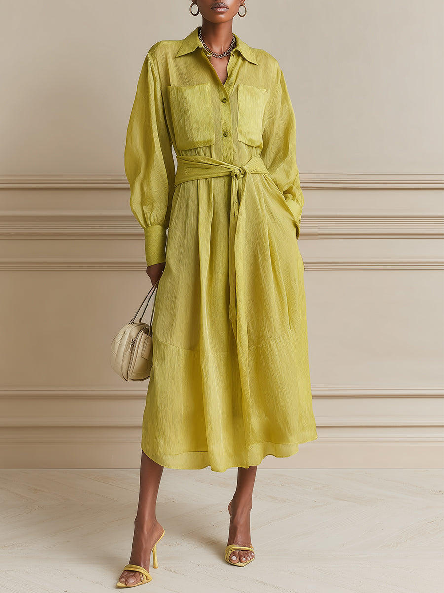 French-style Tencel Patch Pockets Long-sleeve Midi Dress With Belt