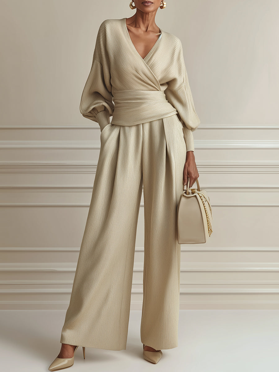 Elegant Wrap-style Lantern-sleeve Blouse & Inverted-pleat Wide-leg Pants Set
