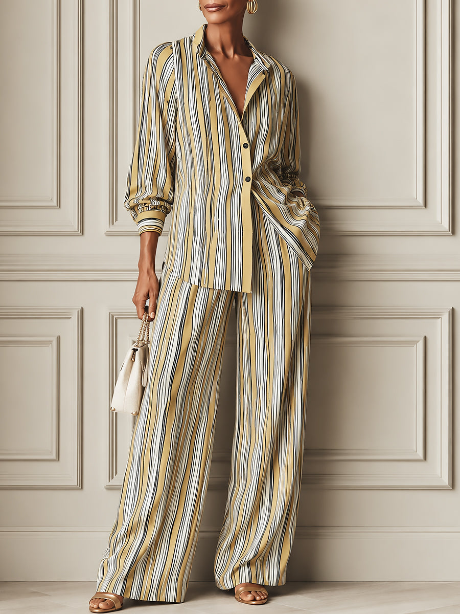 Stylish Striped Long-Sleeve Blouse & Wide-Leg Pants Set