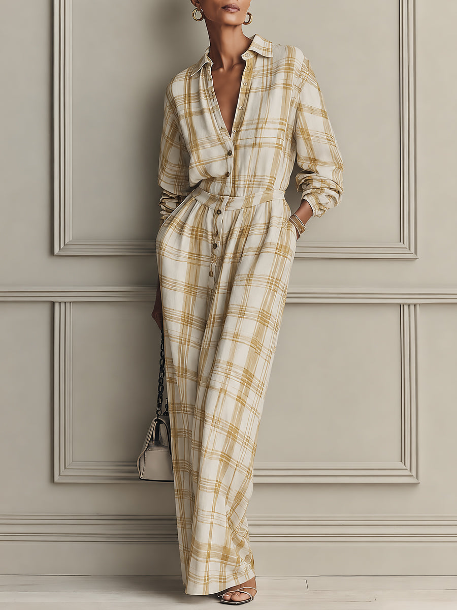 French-style Relaxed Plaid Collared Long-sleeve Straight-cut Maxi Dress