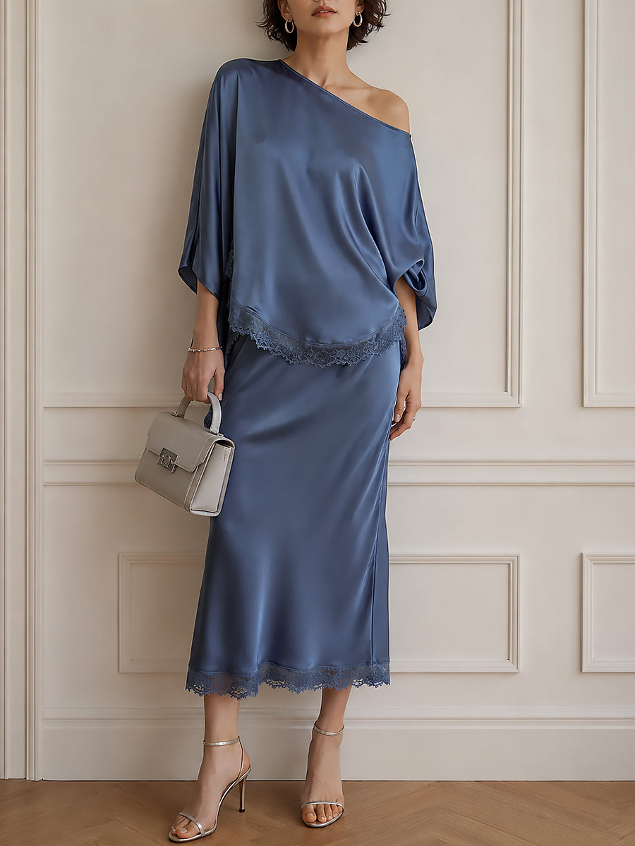 Elegant One-Shoulder Satin Blouse & Lace-Trimmed Skirt Set