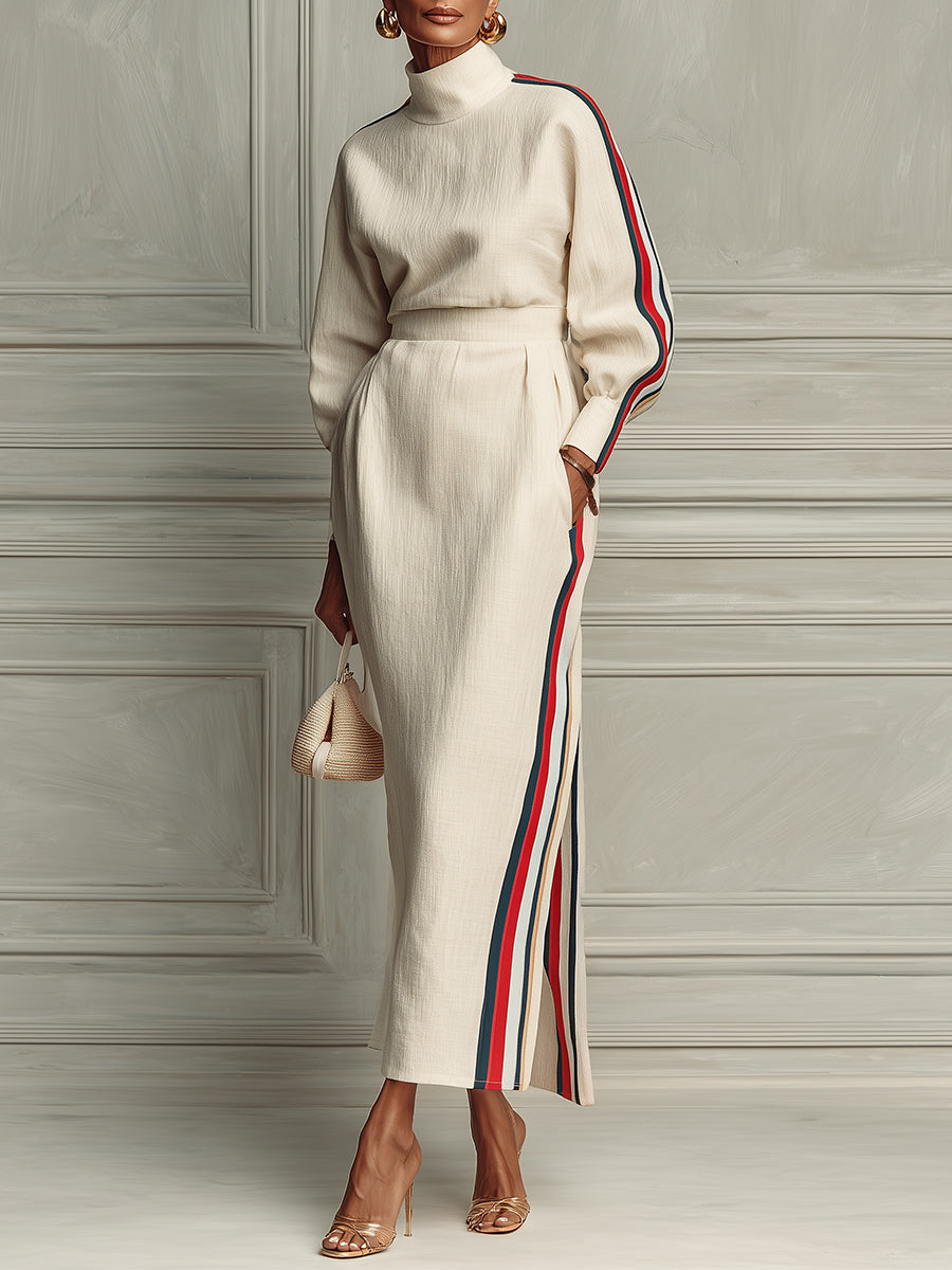 Stylish Striped Trim Maxi Dress With A Side-slit Hem