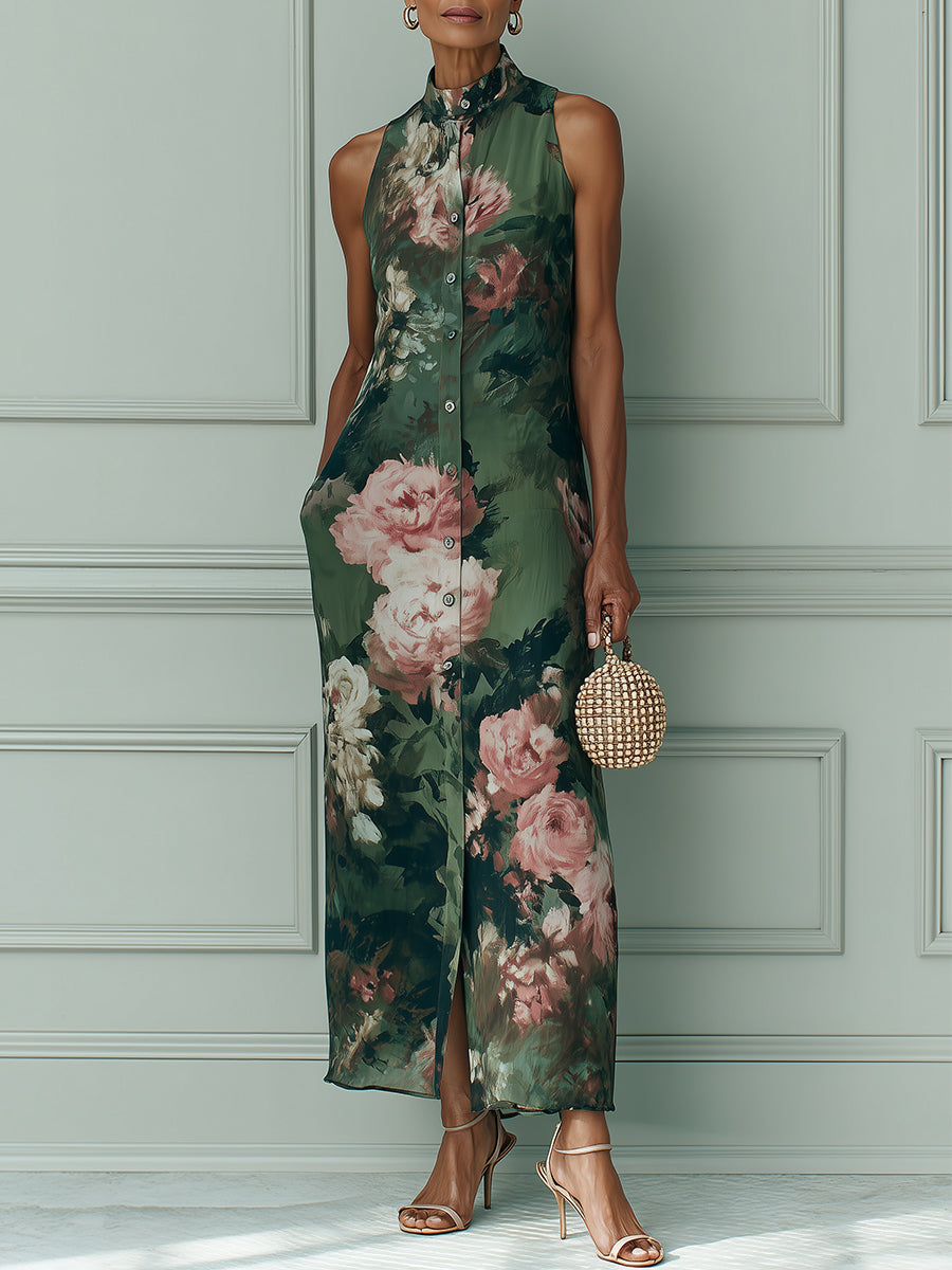 Vintage-style Floral Oil Painting Print Mock-neck Straight-cut Maxi Dress