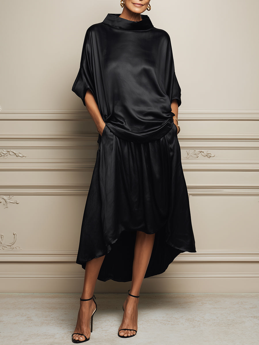 French-style Satin Batwing-sleeve Blouse & High-low Hem Skirt Set