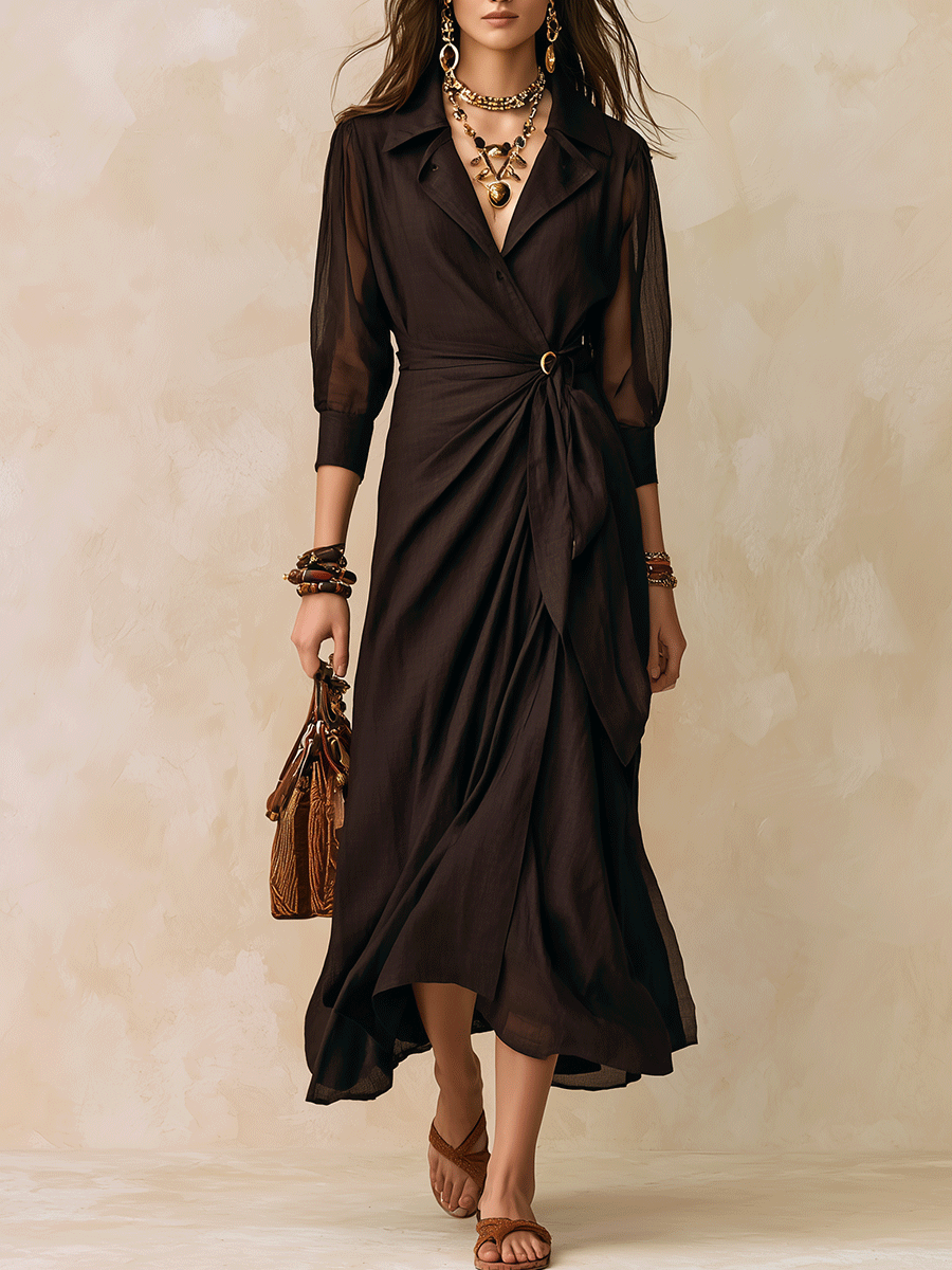 Effortless Chic Chiffon Lapel Wrap Tie-Waist Black Maxi Dress
