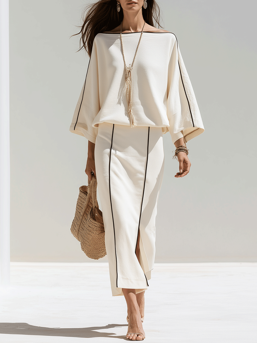 Effortless Chic Knit Batwing-Sleeve Contrast-Piped Ivory Two-Piece Set