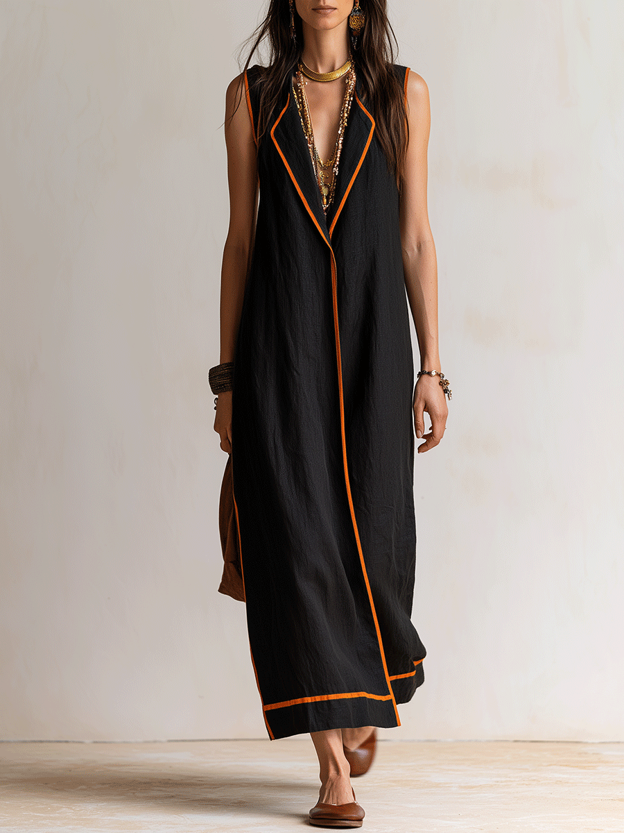 Effortless Boho Cotton-Linen Contrast-Trim Sleeveless Black Maxi Dress