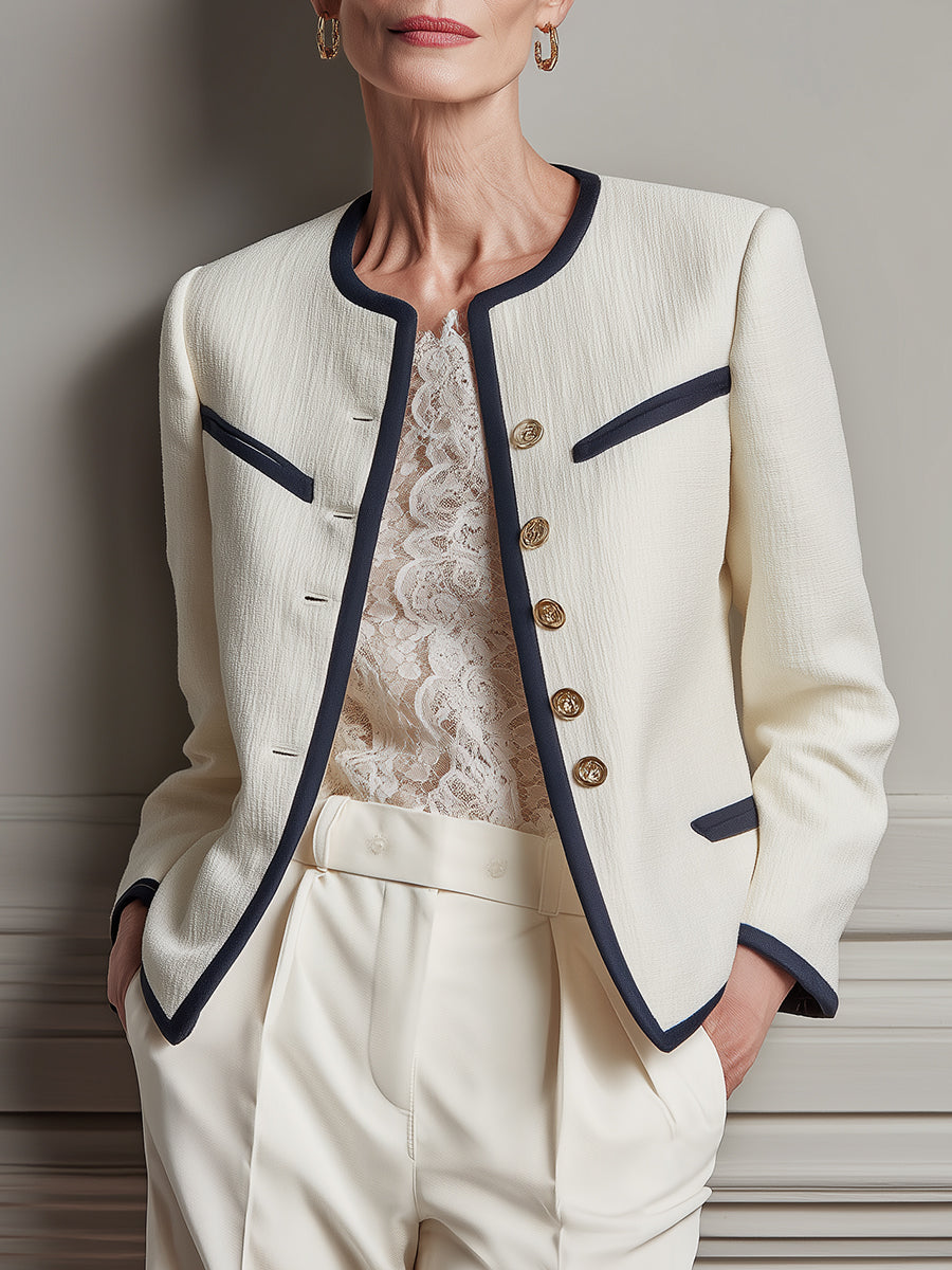 French-style Round-neck Boxy Cropped Blazer With Contrast Piping