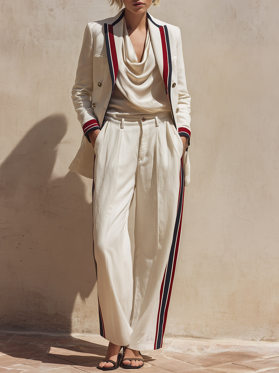 French-style Striped Trim Blazer & Cotton Wide-leg Pants Set