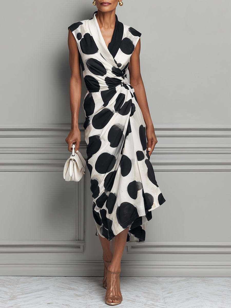 French-style Collared Polka-dot Satin Wrap Midi Dress