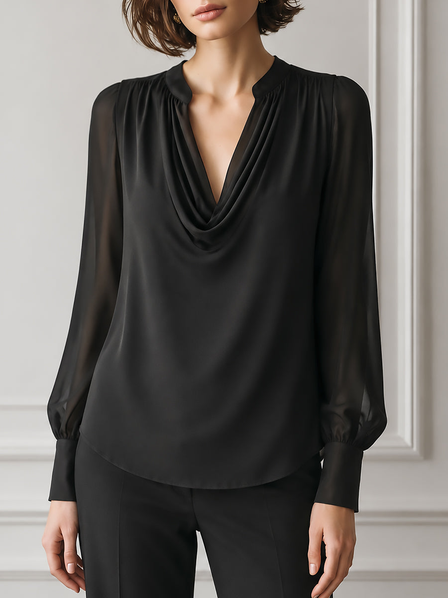 French-style Chiffon Long-sleeve Blouse With Draped Neckline