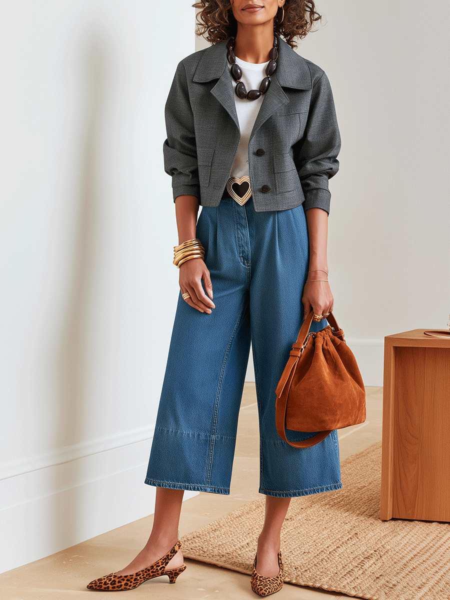 Casual Chic Cotton Cropped Collared Charcoal Shirt Jacket