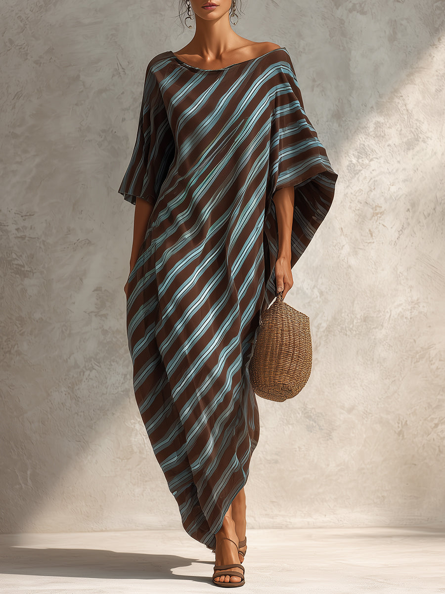 Striped Batwing-sleeve Cocoon Maxi Dress With A One-shoulder Design