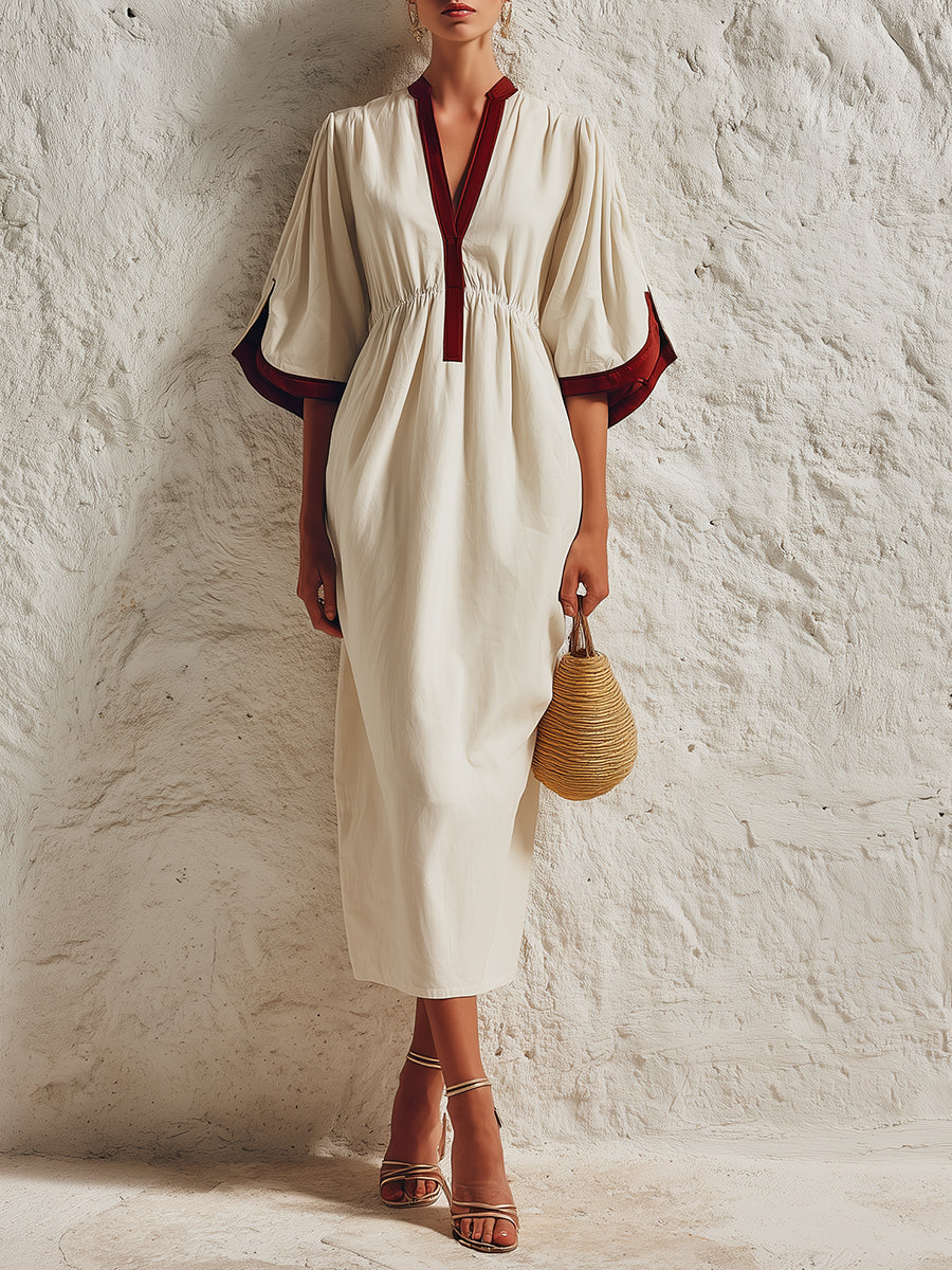 Stylish Color-block Cotton-linen Cocoon Midi Dress With Side-slit Sleeves