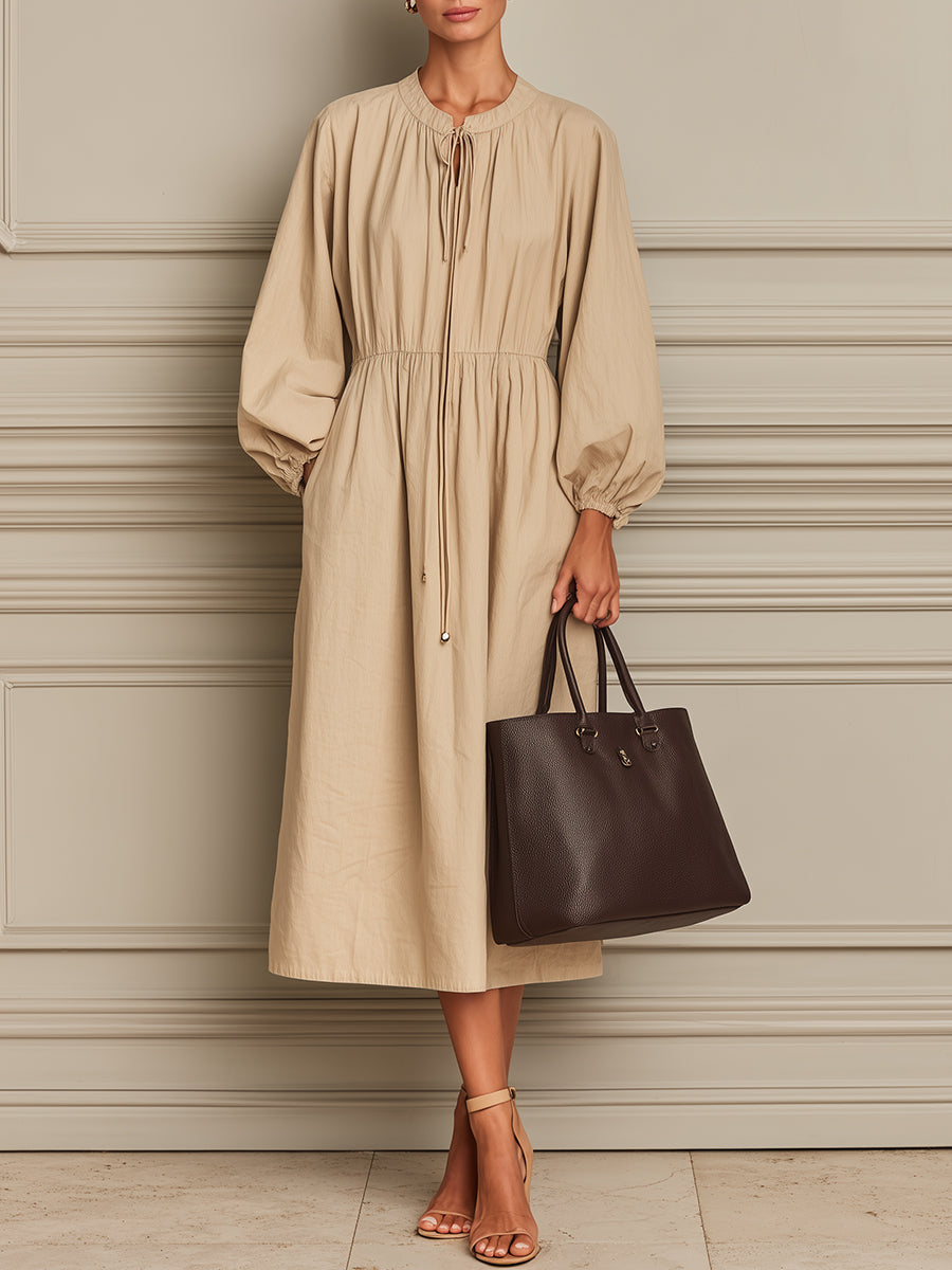 Chic Tie-neck Cotton-linen Midi Dress With Lantern Sleeves