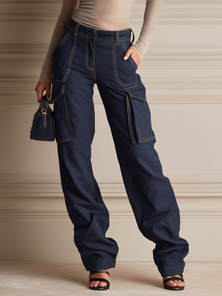 Stylish Multi-Pocket Denim Utility Pants With Topstitching Detail