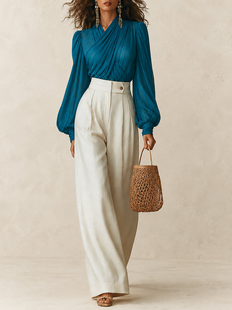 French Wrap-neck Lantern-sleeve Blouse & High-waisted Wide-leg Pants Set