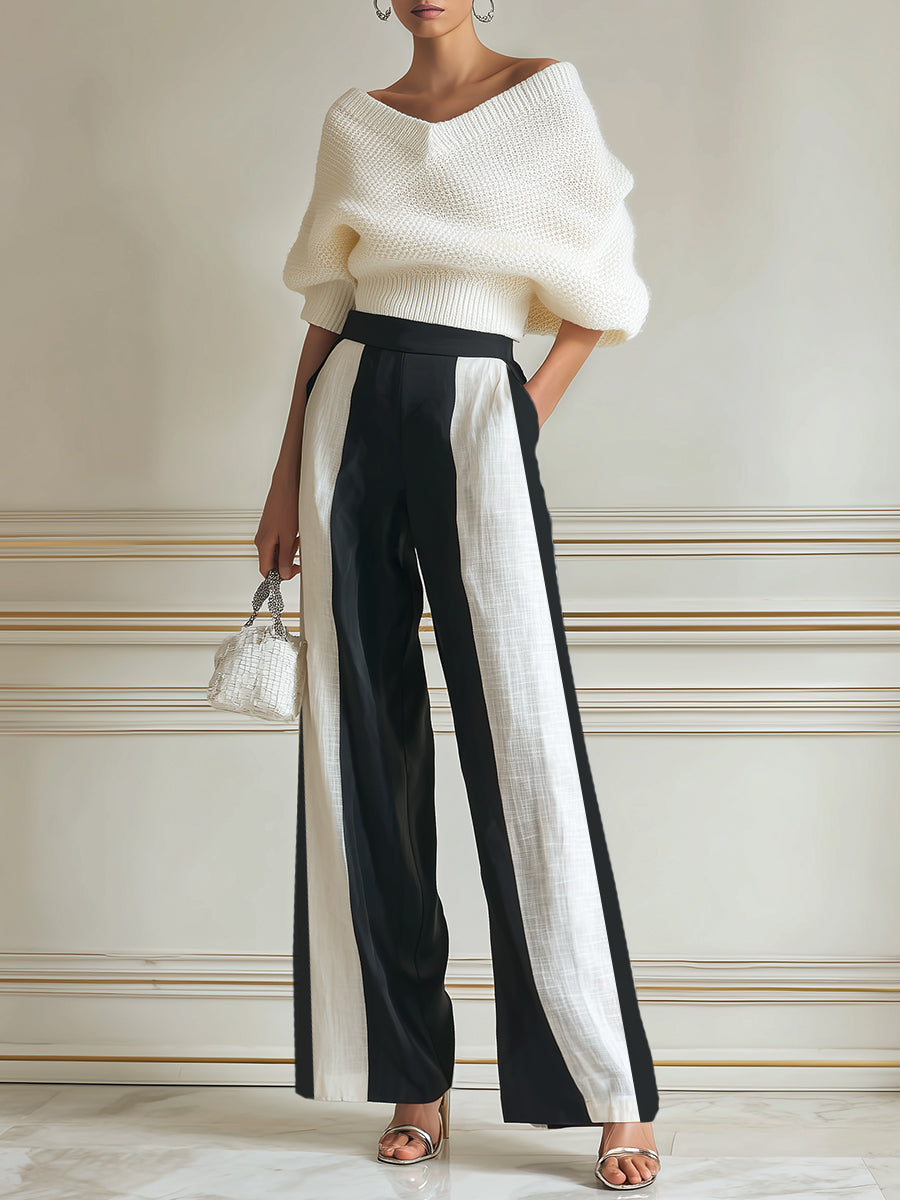 Elegant Batwing-Sleeve Sweater & High-Waisted Striped Wide-Leg Pants Set