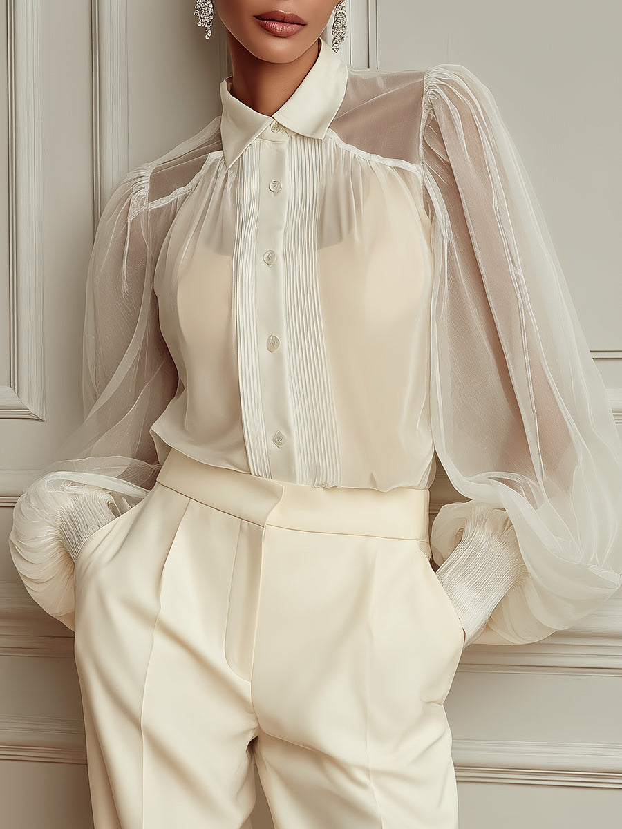 Chic French-style Chiffon Blouse With Lantern Sleeves