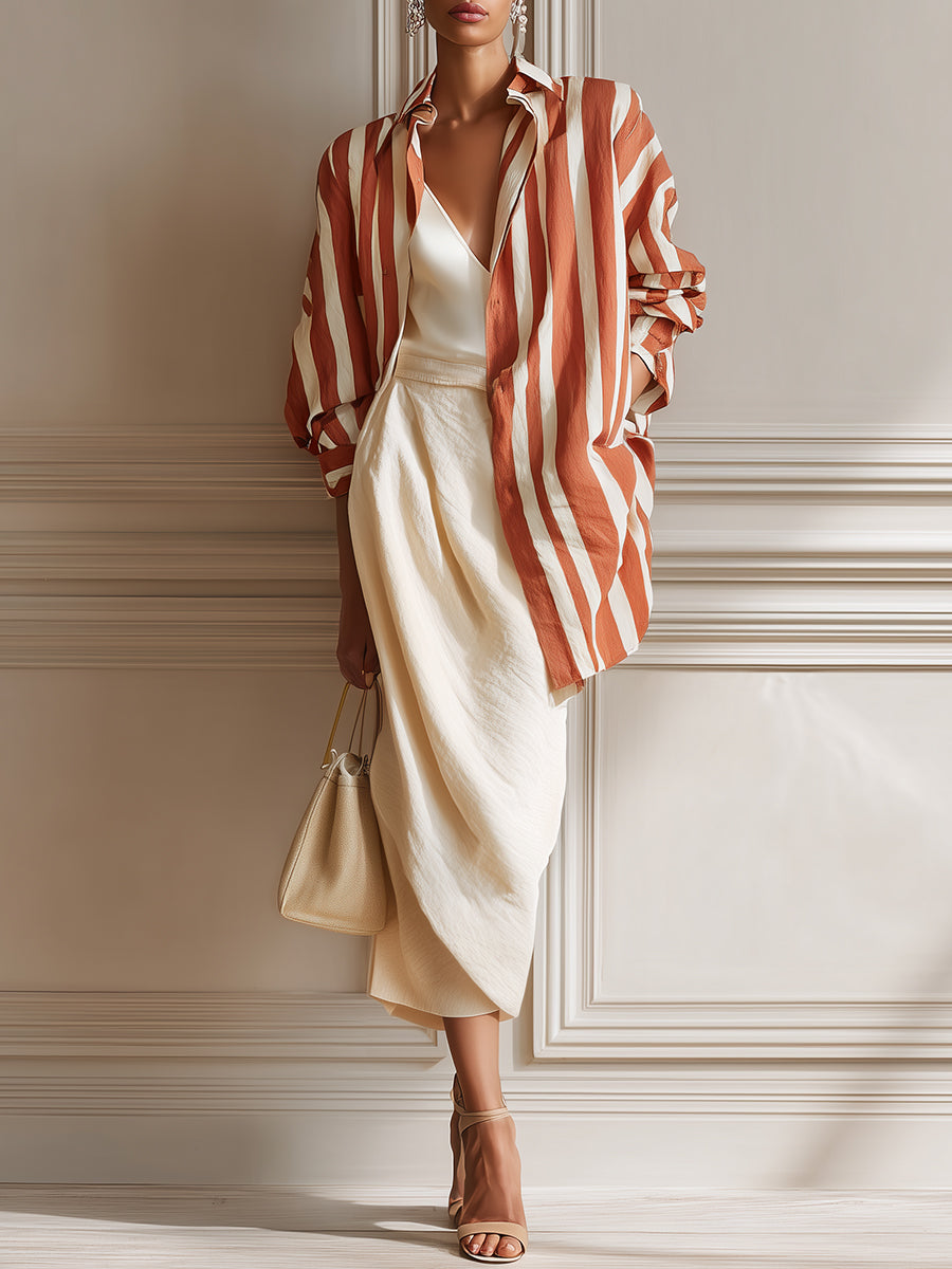Stylish Striped Loose-fitting Cotton-linen Blouse