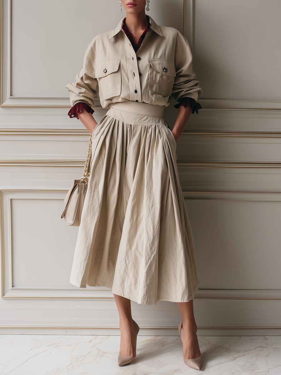 French-style Flap-pocket Blouse & Pleated Midi Dress Set