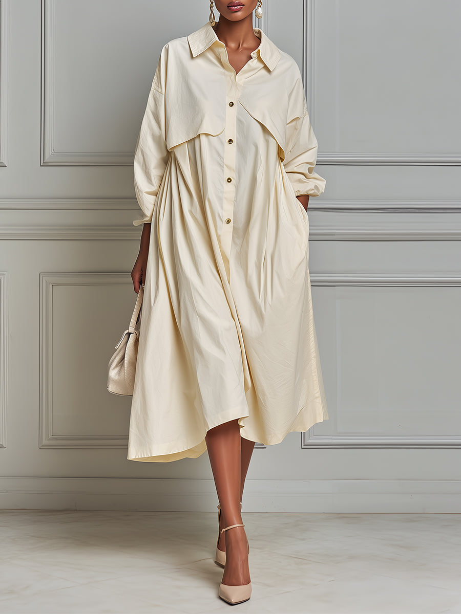 French-style Minimalist A-line Midi Dress With A Trench-coat Aesthetic