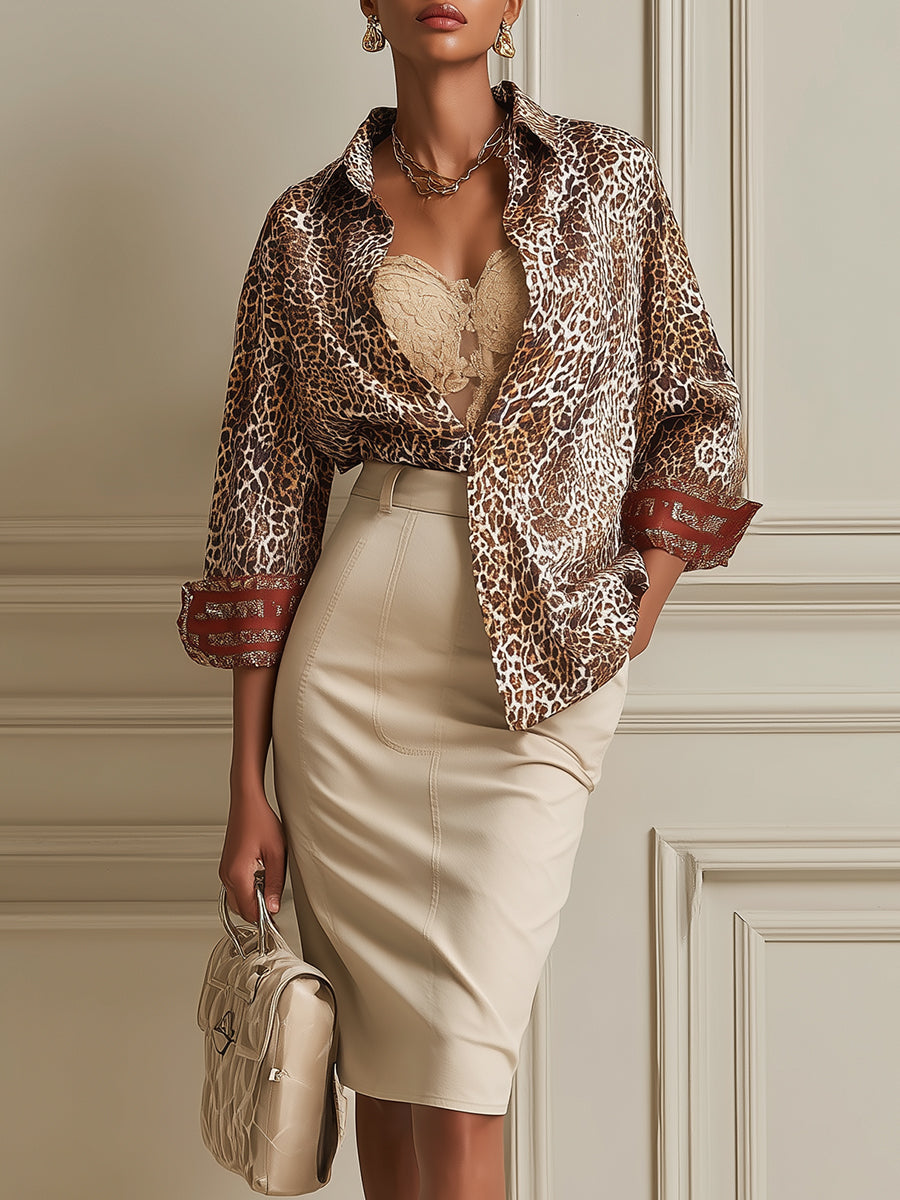 French-style Leopard Print Color-block Blouse & Pencil Skirt Set