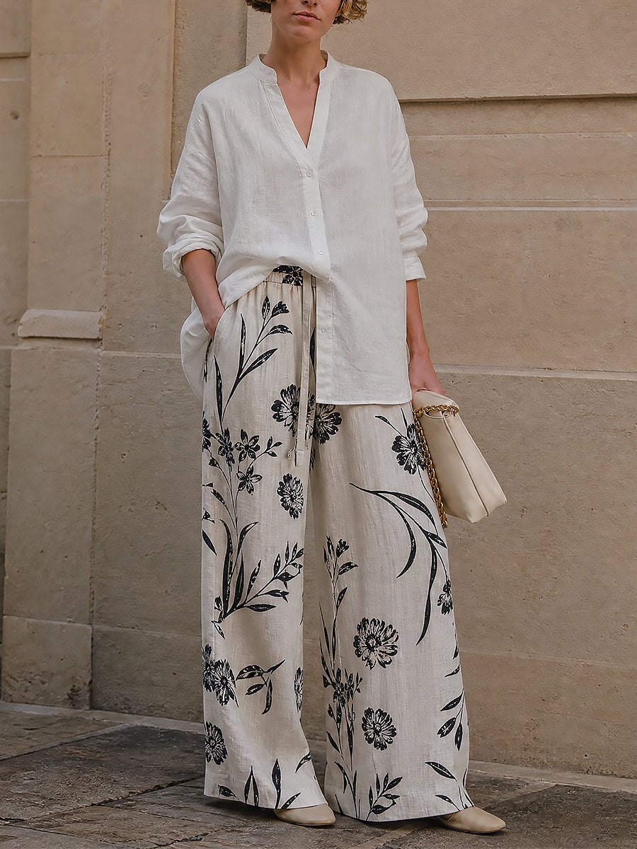 Relaxed V-neck Cotton-linen Blouse & Floral Print Wide-leg Pants Set