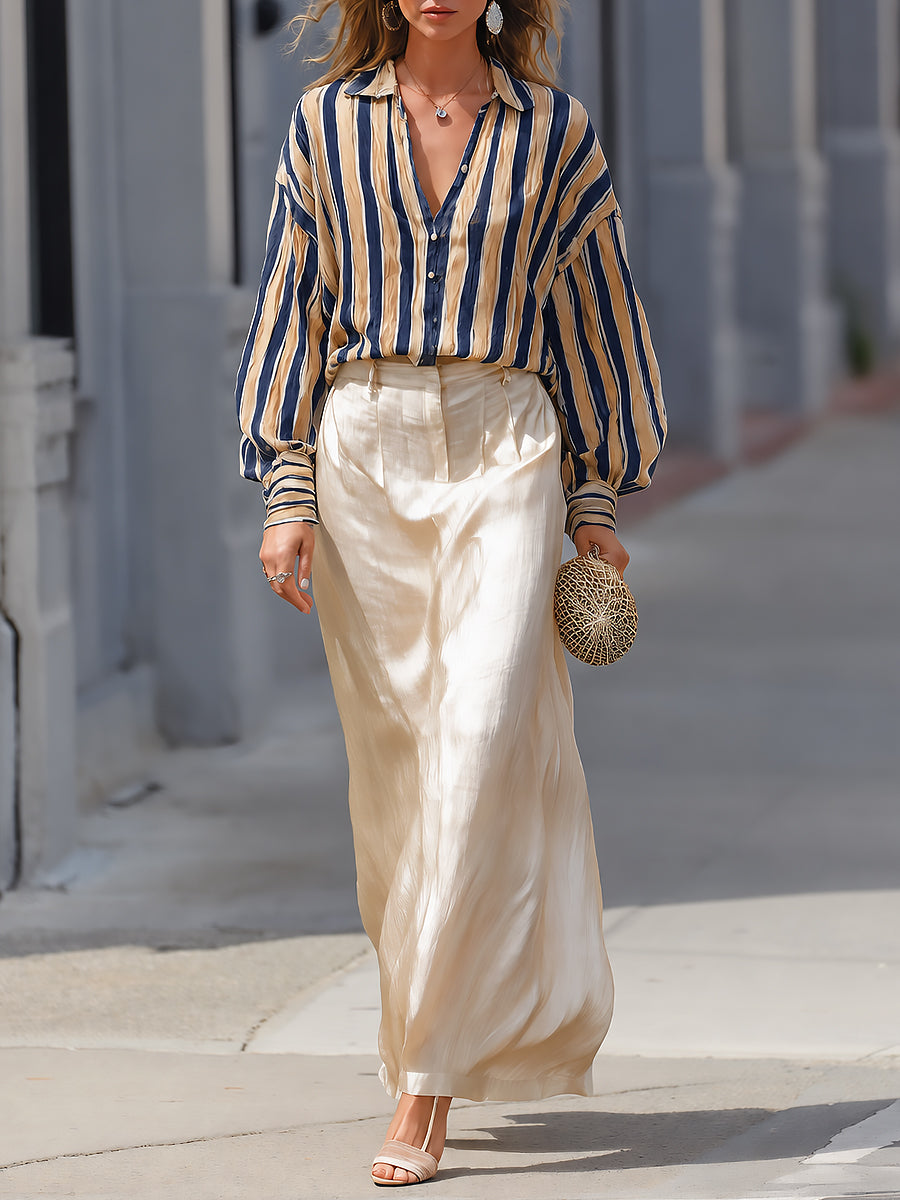 Relaxed Drop-shoulder Striped Blouse & Tencel Maxi Skirt Set