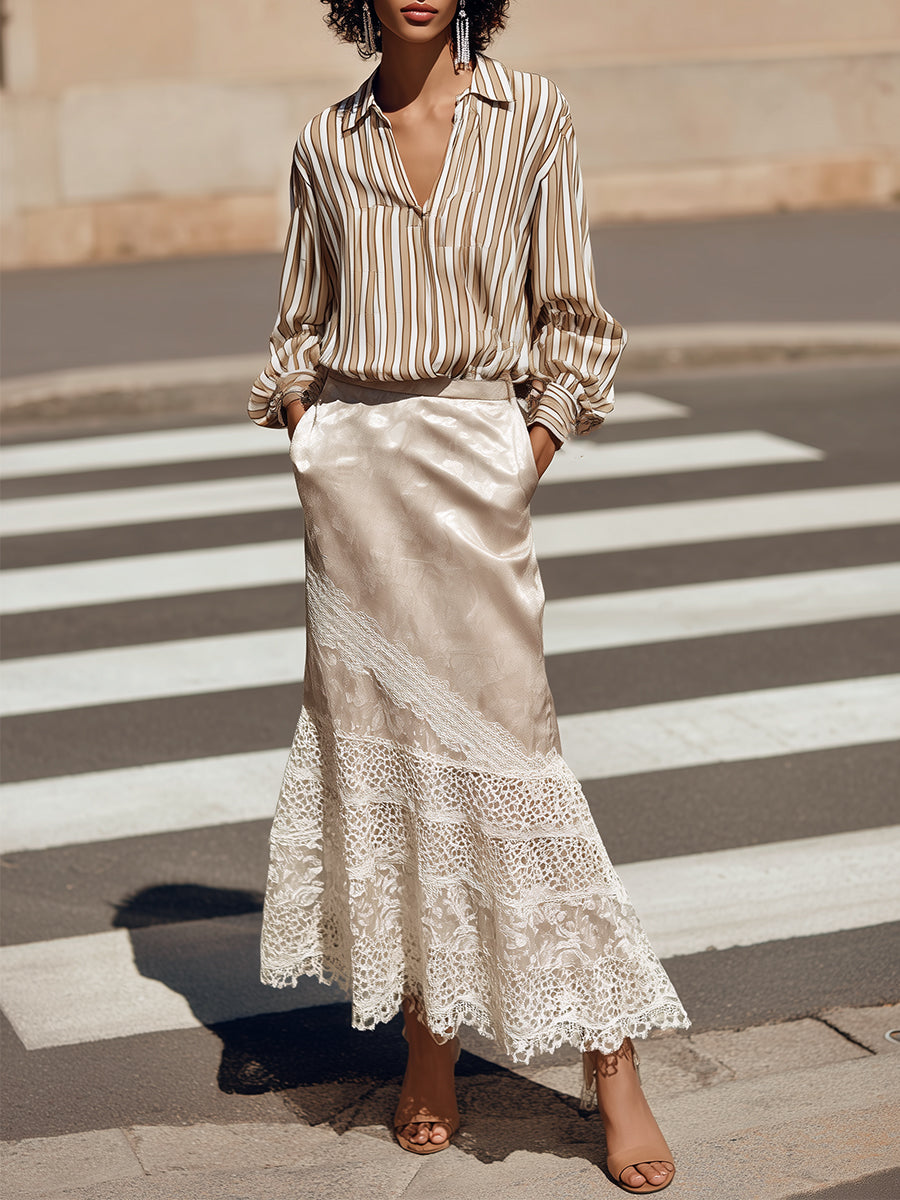 French Relaxed Striped Blouse & Lace-trimmed Satin Fishtail Skirt Set