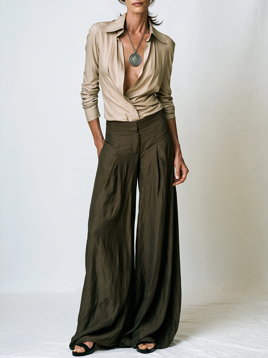 French-style Long-sleeve Blouse & Tencel Inverted-pleat Wide-leg Pants Set