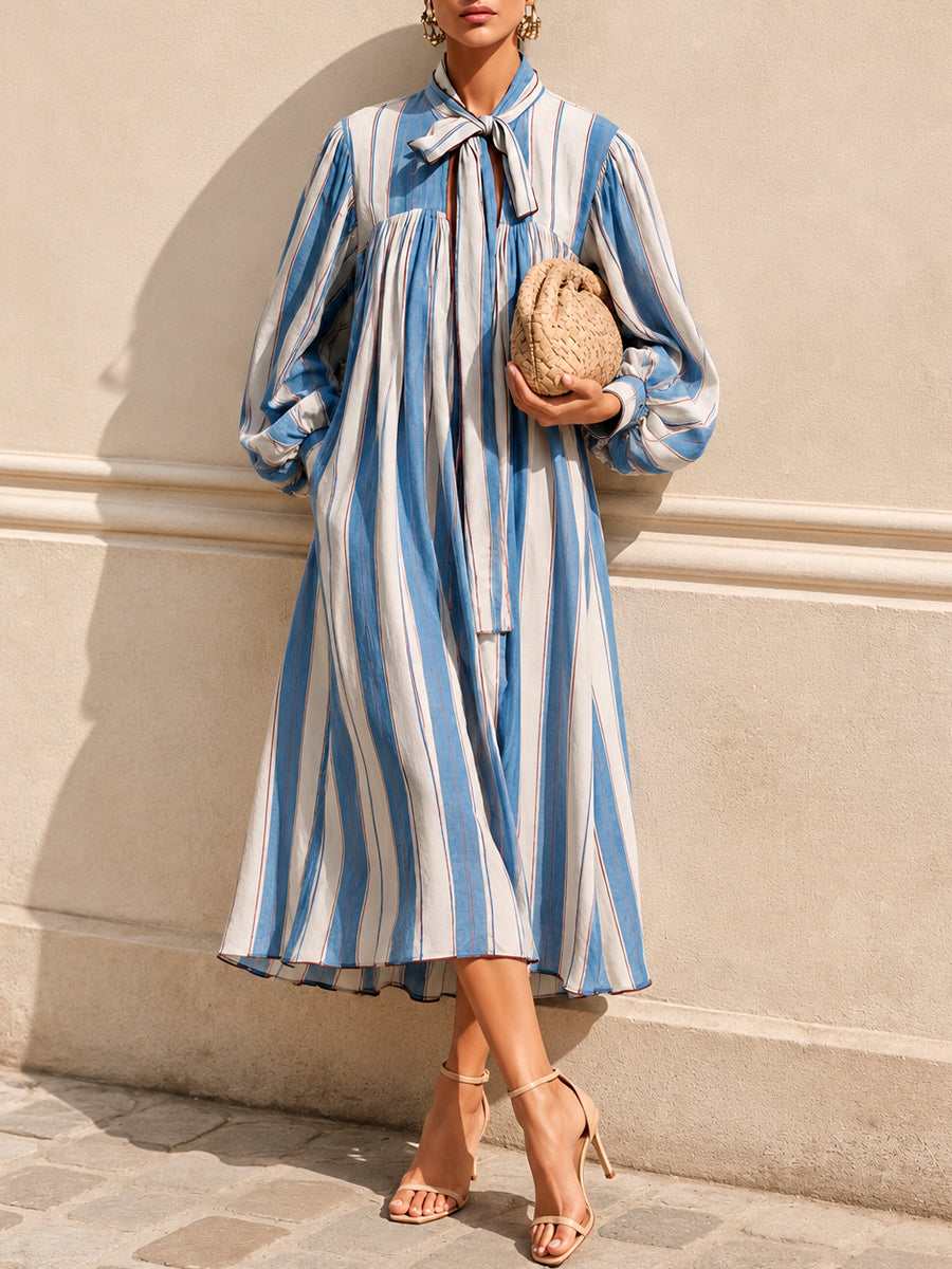 French Lantern Sleeves Striped Oversized Midi Dress With Tie-neck Detail