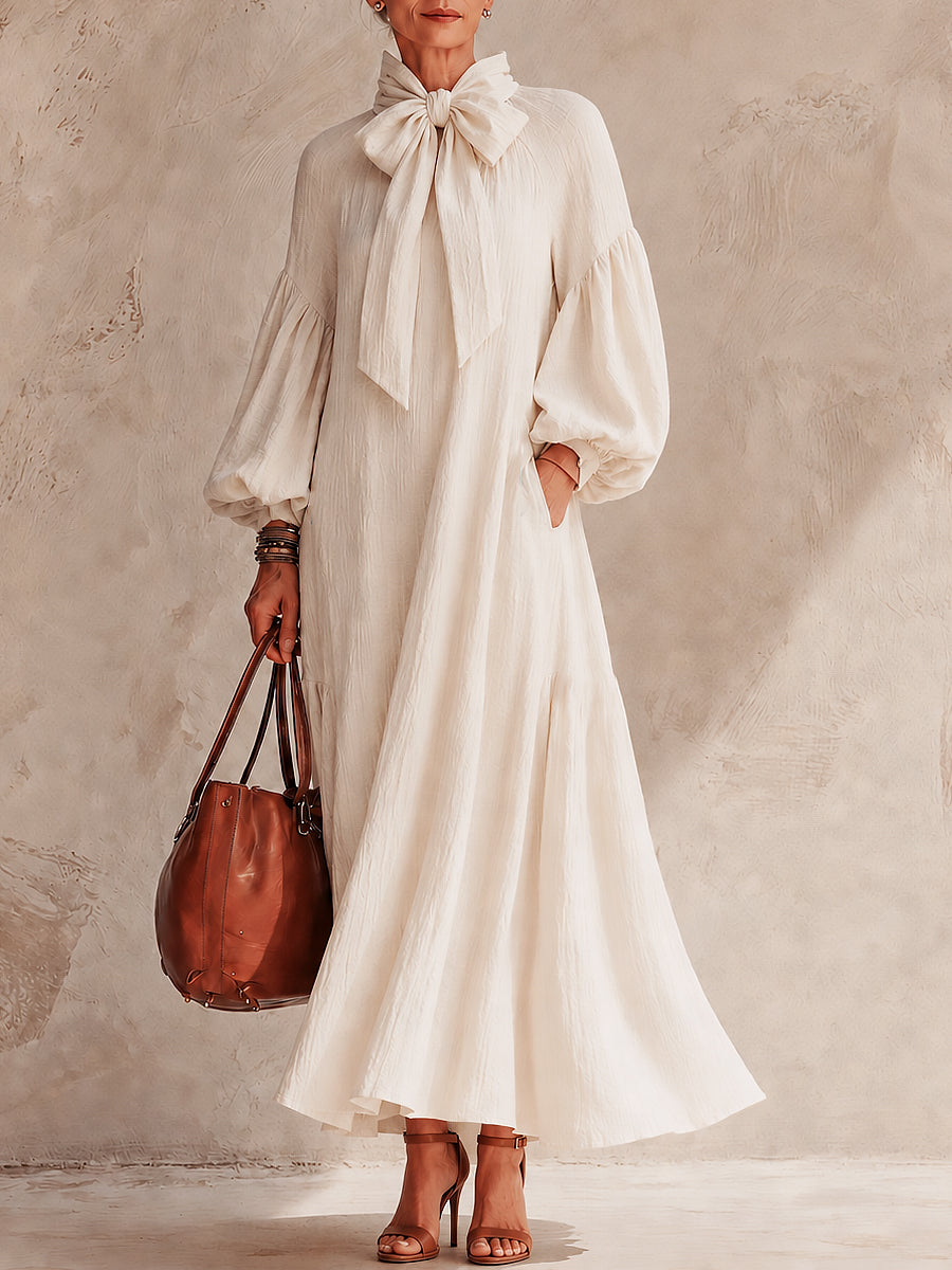 French-style Drop-shoulder Puff-sleeve Maxi Dress With Tie-neck Detail