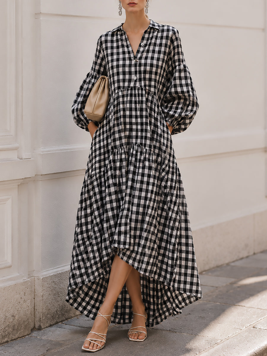 French Relaxed Puff Sleeves Plaid Maxi Dress With High-low Hem