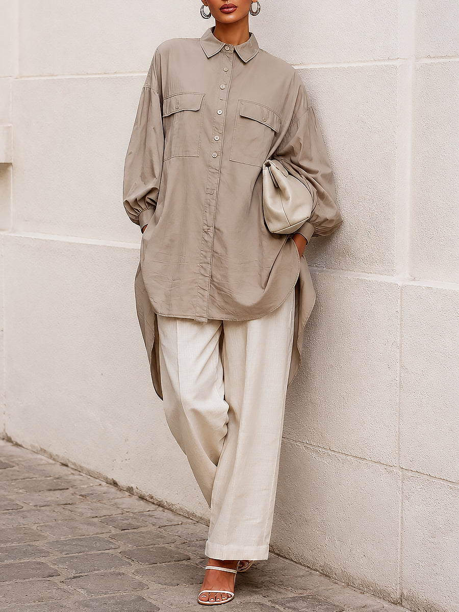Patch Pockets High-low Hem Oversized Blouse & Wide-leg Pants Set
