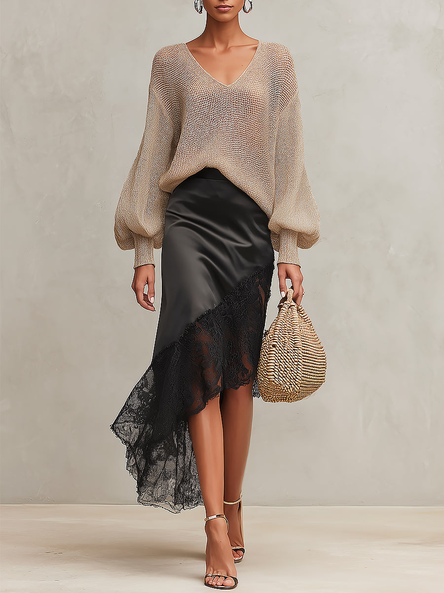 French-style Lantern-sleeve Knit Pullover & Lace-trimmed Satin Skirt Set