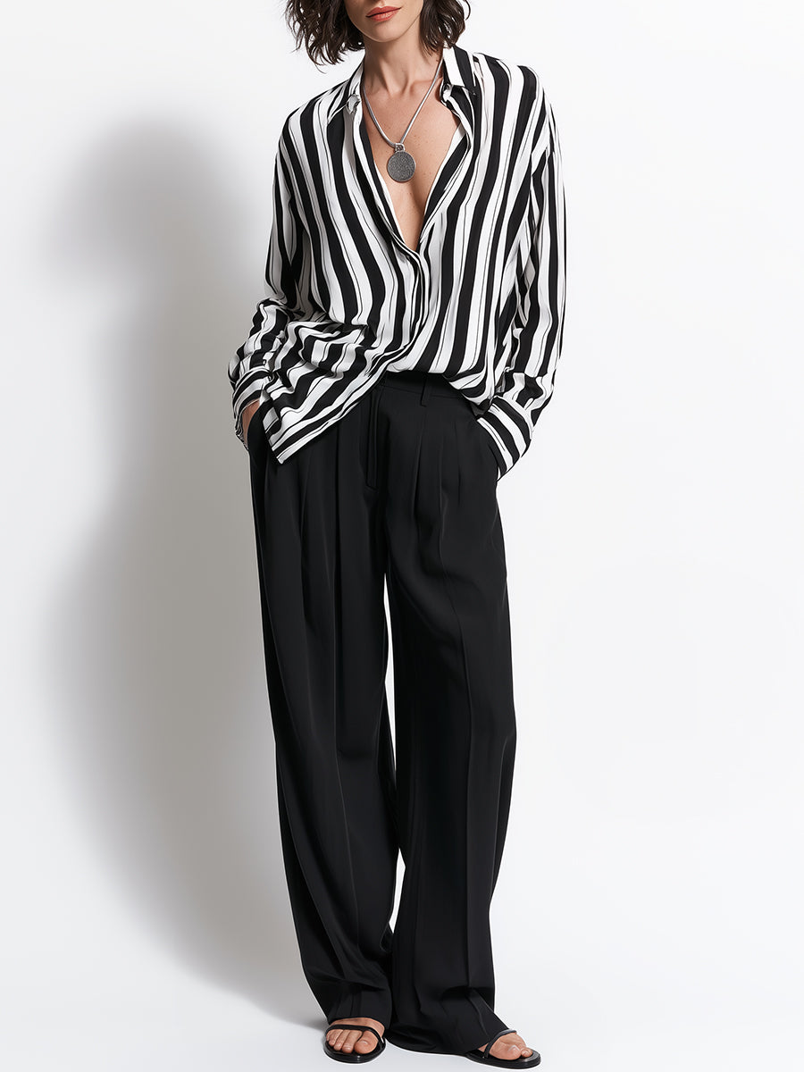 French-style Relaxed Striped Blouse & Wide-leg Suit Pants Set